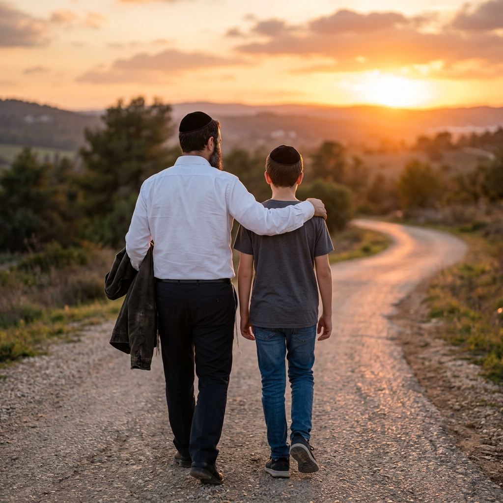 An Orthodox Jewish father wearing a white shirt and black kippah placing his arm around his teenage son's shoulder, walking together toward a warm sunset